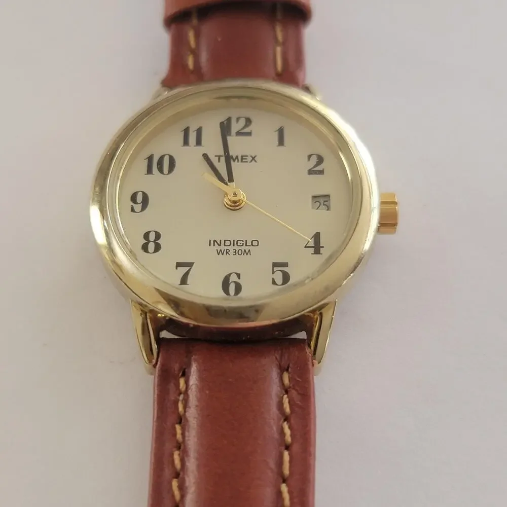 Timex Womens Watch Cream Dial Gold Case Brown Leather Strap Quartz Analog